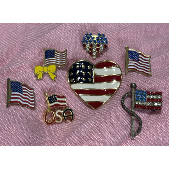 Unbranded Jewelry - American Flag Lapel Pin Set USA Bling Event Patriotic Red White Blue Heart